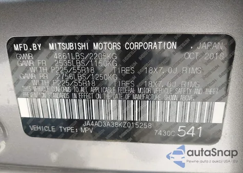 2019 Mitsubishi Outlander Se из США, поврежденный, VIN JA4AD3A38KZ015258